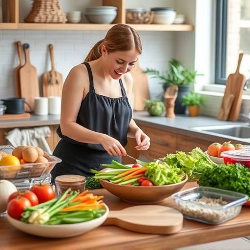 A person preparing a healthy meal in a kitchen setting